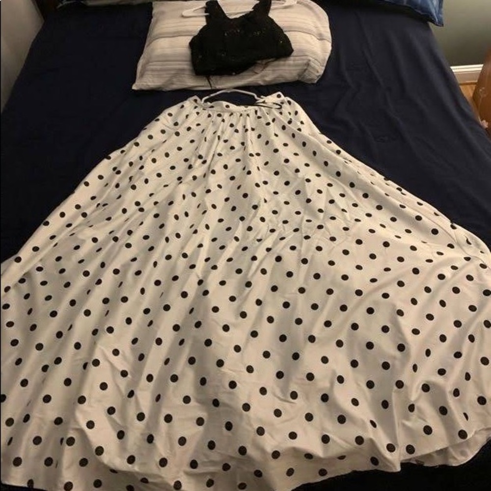 Black and white polkadot two piece formal dress